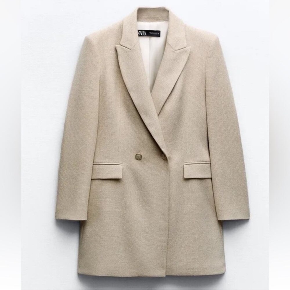Zara Double Breasted Long Blazer Taupe Brown